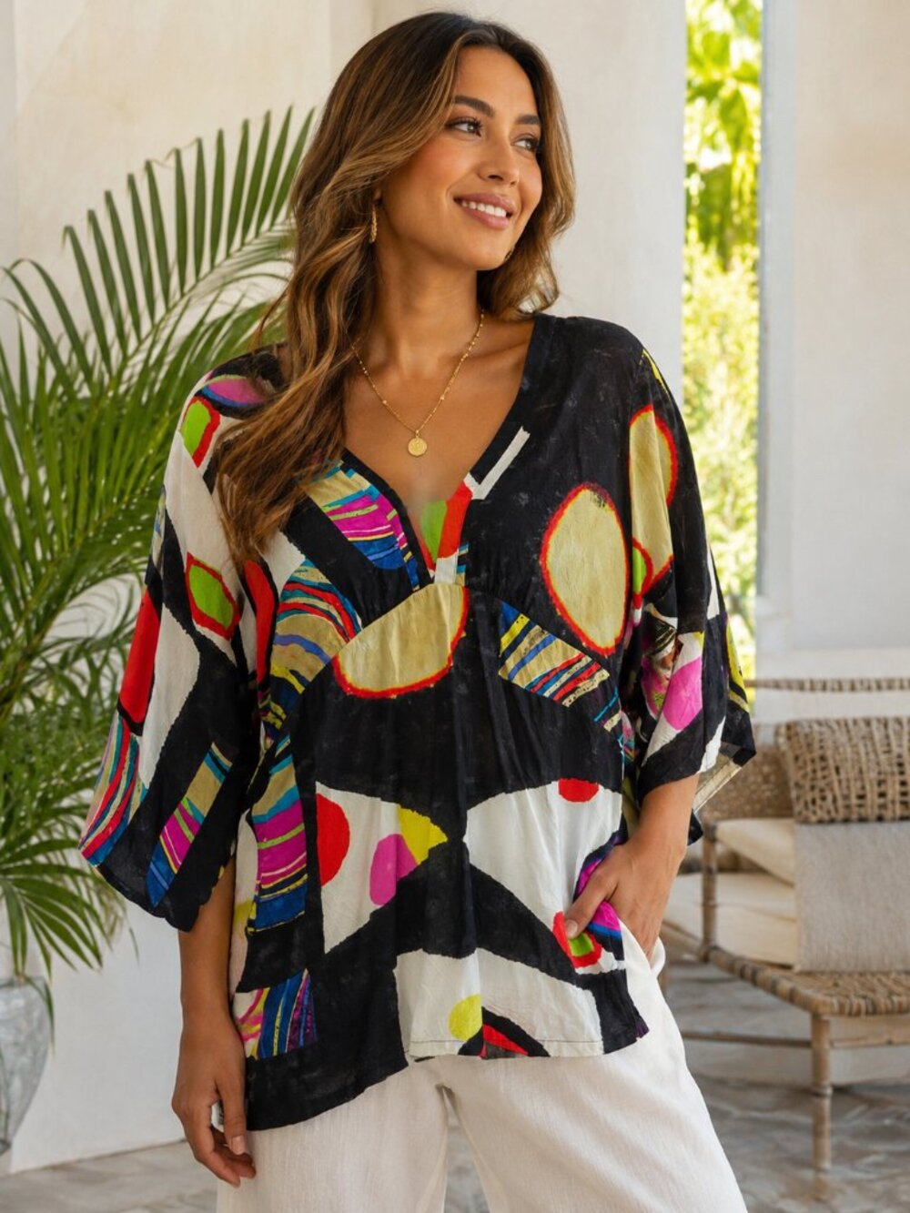 NWT Jams World Abstract Watercolor VNeck Tunic Blouse Sz L Art to Wear Tropical